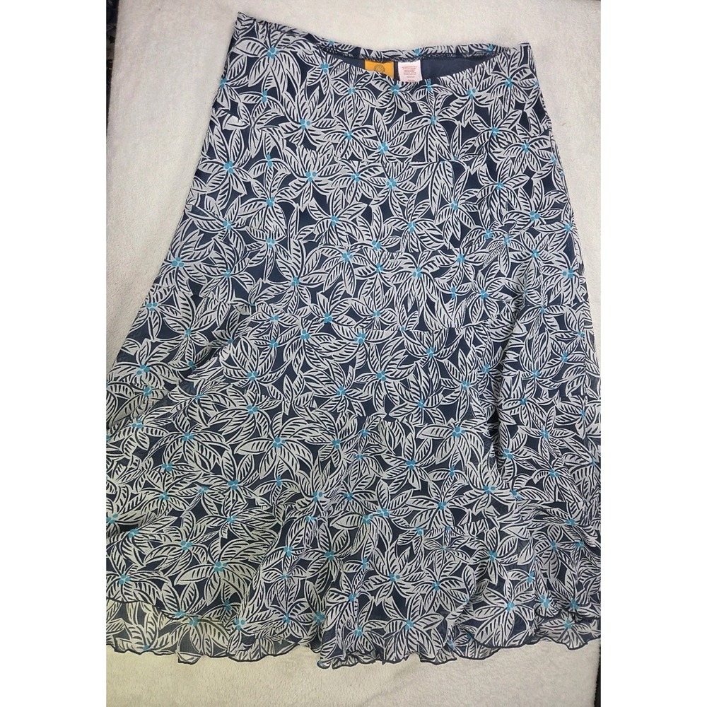 Ruby Rd Womens 14 Floral Chiffon Midi Skirt Navy Blue Turquoise Lined A Line